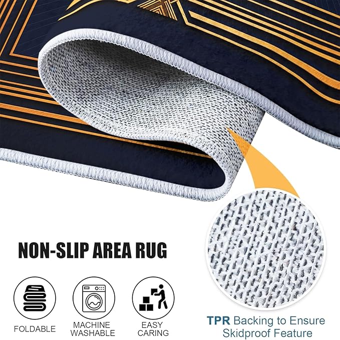 Geometric Gold Rectangle Frame Area Rug 5 x 7 ft Durable Rugs Dark Non-Slip Carpet, Indoor Machine Washable Breathable Carpet for Living Room Hallway Playroom Floormat