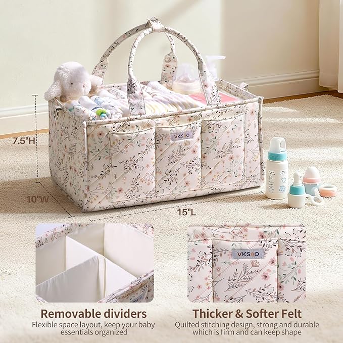 Baby Essentials Cute Floral Diaper Caddy Organizer – Portable Storage Basket with Shoulder Strap & Stroller Hooks, Splashproof Quilted Nursery & Car Tote for Baby Shower, Beige Floral