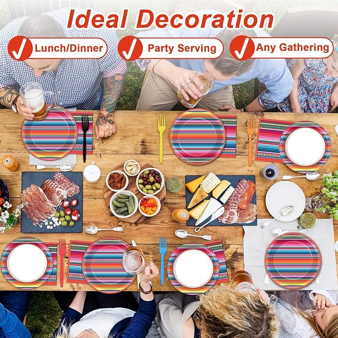 100PCS Mexican Fiesta Plates and Napkins Sets 5 Mayo Plates Mexican Fiesta Party Table Decor Supplies Serape Taco Paper Plate Disposable Tableware Colorful Stripes Pattern for Mexico Taco Party