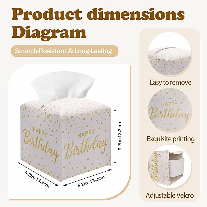 Happy Birthday Gold Foil Dots Tissue Box Cover - Square PU Leather Tissue Holder with Belt Bottom, Decorative Birthday Gift Idea for Birthday Party, Bathroom, Home Office & Car Decorations