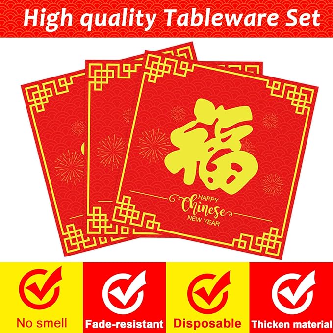 Wiooffen 96 Pcs Chinese New Year Party Plates Napkins Tableware Set Happy 2026 Horse Year Supplies Disposable Dinnerware Spring Festival Decoration Favors for Chinese New Year Eve, 24 Guests