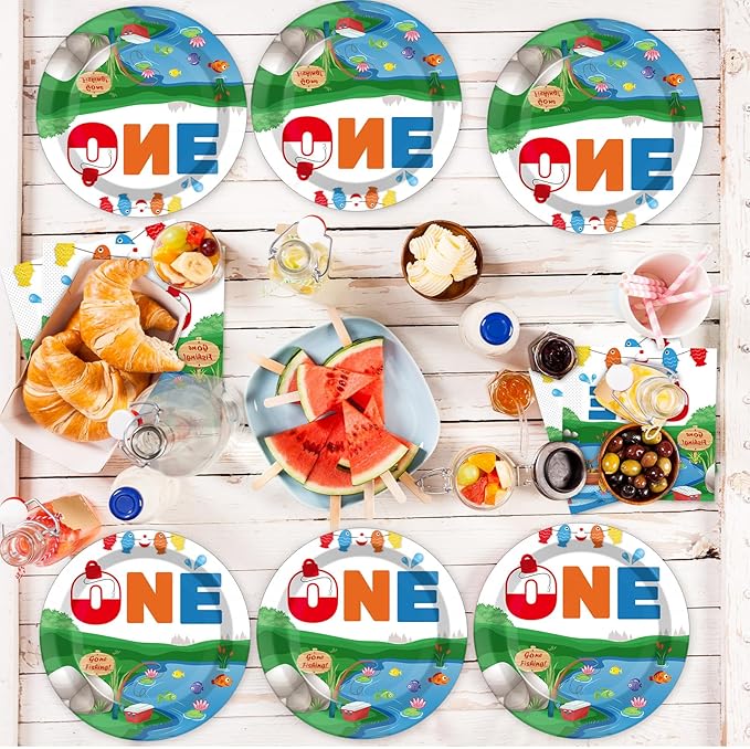 Ofishally One Birthday Party Supplies Serves 24 Gone Fishing 1st Party Paper Plates Napkins Little Fisherman Tablecloth Set Tableware Kit for Baby Shower Decorations Kids Boys Girls