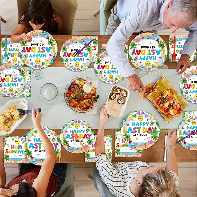 96 Pcs Happy Last Day of School Paper Party Plates and Napkins for Summer Tropical Beach Pool Supplies Summer End of School Year Dessert Tableware Set for 24 Guests Birthday Party Decorations