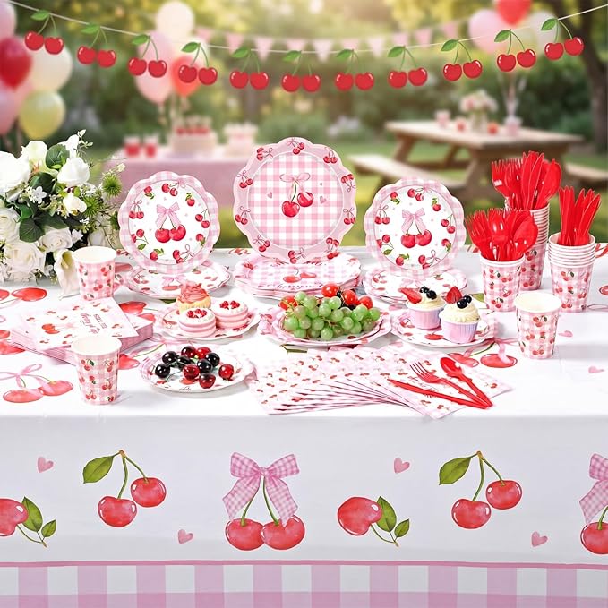 Pickmesh 194 Pcs Cherry Party Decorations for 24, Pink Cherry Bow Paper Plates and Napkins Cups Tablecloth Cutlery Coquette Gingham Tableware Set for Baby Shower Birthday Party Supplies