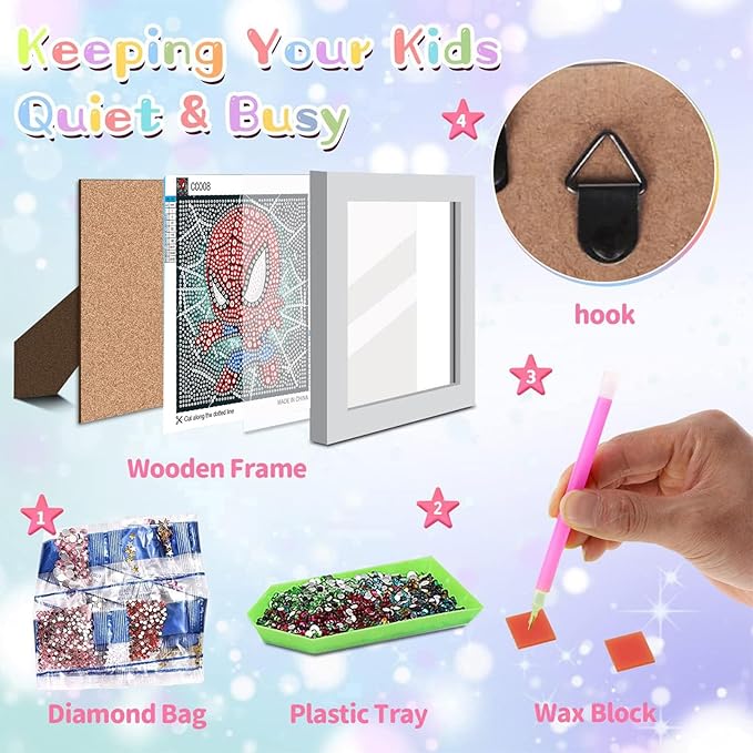 KOJEFCV Cartoon Diamond Art Painting Kits for Kids with Frame,Cartoon Diamond Art for Kids Ages 4-8-12,Easy Gem Kit Kid with Beautiful Package for Gift Home Wall Decor(7x7inch)
