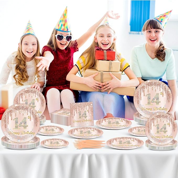 96 Pcs Rose Gold 14th Birthday Party Plates and Napkins for Girls Rose Gold Party Supplies Pink Happy 14 Years Birthday Party Tableware Set for 24 Guests Party Decorations