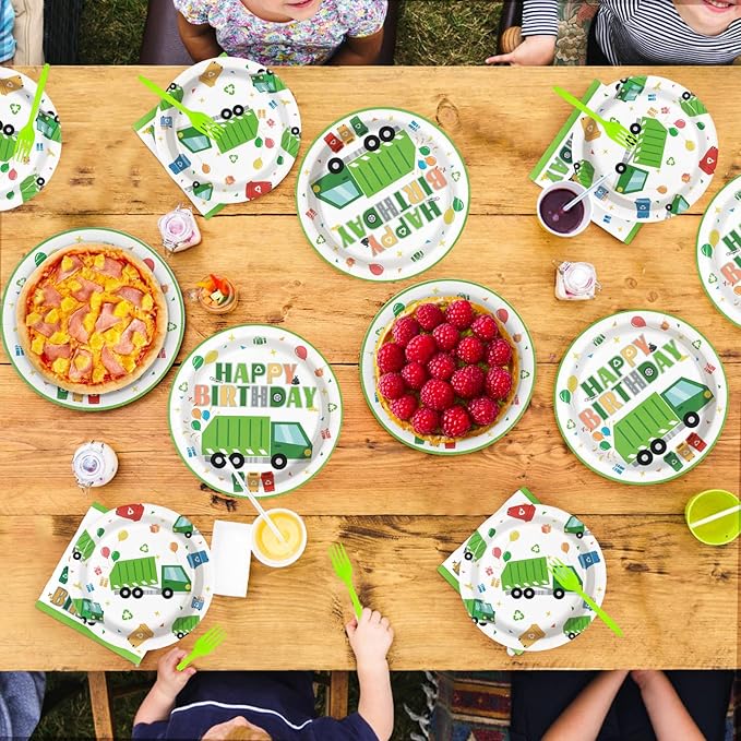 Grencian 96Pcs Trash Truck Birthday Decoration - Garbage Truck Plates and Napkins Trash Party Disposable Tableware for Kids Boys Recycling Rubbish Birthday Party Decorations Serves 24