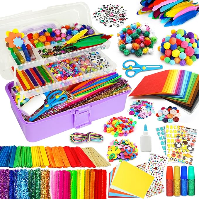 FUNZBO Arts and Crafts Supplies for Kids -Toddler Crafts Kits with Glue Stick Pipe Cleaners Construction Paper Pom Poms Googly Eyes, Crafts for Kids Ages 4-8, Birathday Gifts for Girls