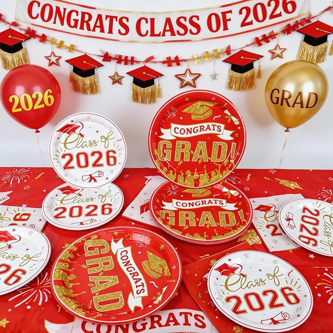 Graduation Plates and Napkins Party Supplies 2026 Graduation Decorations for 24,Red Disposable Grad Plates Class of 2026 Dessert Plates Napkins,Tablecloth,Forks,for Congrats Grad Party Decorations