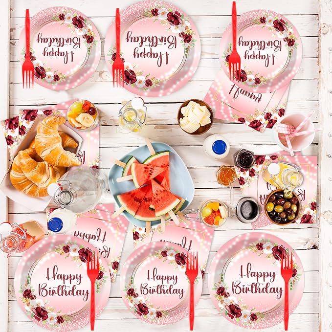 96Pcs Burgundy Birthday Party Supplies Burgundy Floral Paper Plates Napkins Flower Birthday Party Tableware Set Red Gold Dinnerware for Girl Party Baby Shower Decoration Serve 24