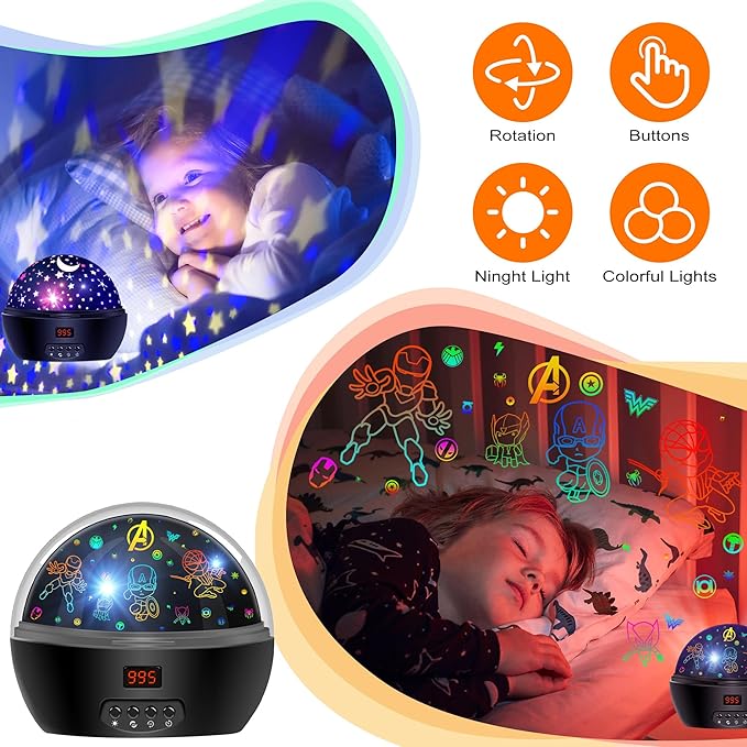 MOKOQI Kid Light Projector Superhero Toys for Boys 5-7 Avengers Night Light Projector with Timer for Kids Room, 360 Degree Rotation Toddler Nightlights with Spiderman Figurine Star Lamps