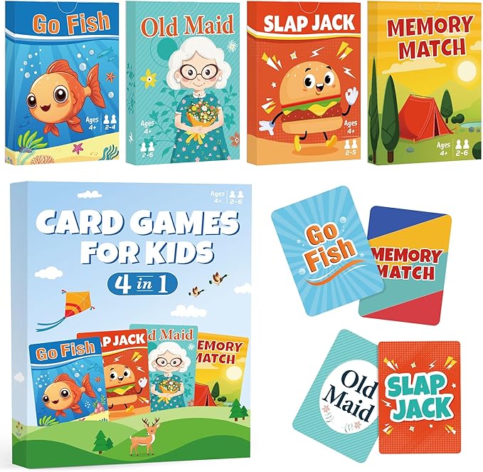Etyishe Card Games for Kids Toddlers, Go Fish, Old Maid, Slap Jack and Memory Match, 4 Decks in 1 Pack, Fun Educational Gard Games for Family Game Night Table Games, Great Stocking Stuffers