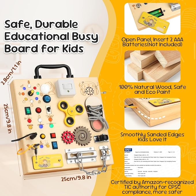 Wooden Busy Board with LED Light，Montessori Baby Learning Toys for Toddlers , Sensory Activity Board , Travel Educational Toy Boy & Girl Birthday Gift (Black Handle)