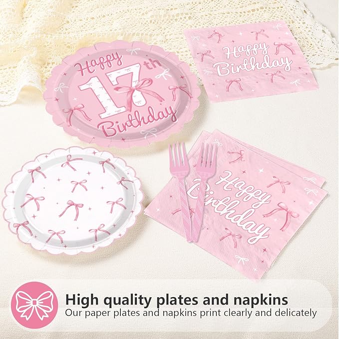 96Pcs Pink Bow Party Supplies Coquette 17th Birthday Party Plates and Napkins Disposable Bow Themed Tableware Set for Girl Happy 17th Birthday Baby Shower Decorations, Serves 24
