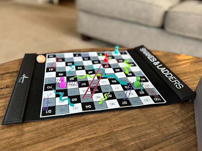 Ludo and Snakes & Ladders 2-in-1 Set, Compact Travel-Friendly Folding Boards, Wooden Pieces & Dice, Portable Family Game