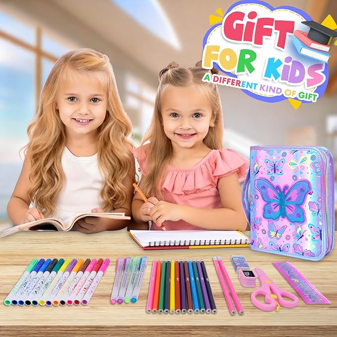 YOYTOO Washable Markers Set with Glitter Pencil Case, Art Supplies for Kids Ages 4-6-8, Arts Crafts Travel Coloring Kit for Girls 4 5 6 7 8 Year Old Birthday Gifts