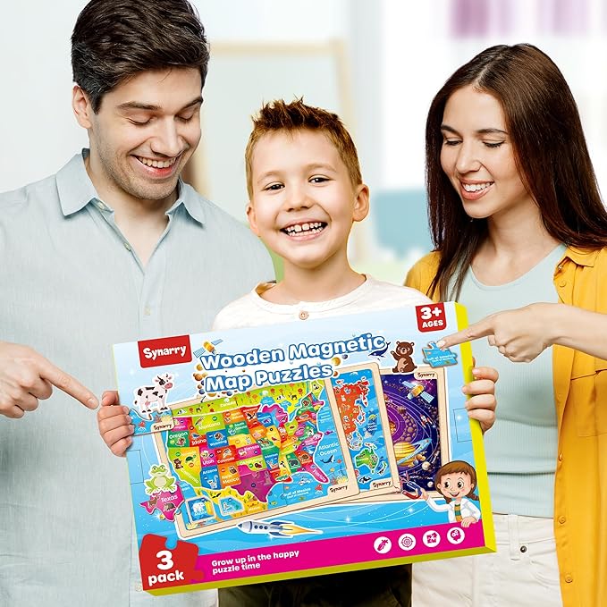 SYNARRY Large USA World Solar System Wooden Magnetic Puzzles for Kids Ages 4-6, Wood Puzzles Educational Games Toys Easter Gifts for Toddlers, United States World Space Map for Boys Girls Ages 3-5 4-8