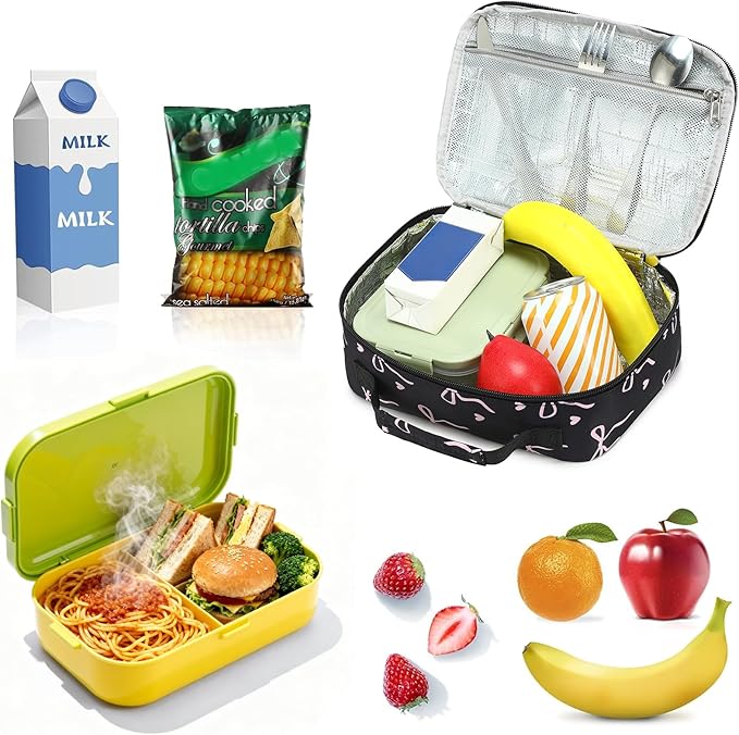 LOIDOU Lunch Box for Kids Boys Girls Insulated Lunch Bag Thermal Meal Tote Reusable Lunch Pail Bags for School Travel (Bow Tie Black)