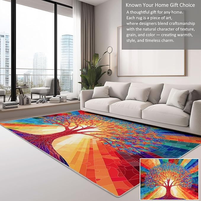 Colorful Tree of Life Rugs for Living Room Bedroom 8×11ft Washable Non-Slip Accent Carpet for Dining Room, Ultra-Thin Low-Pile Rug for Bedside Home Decor