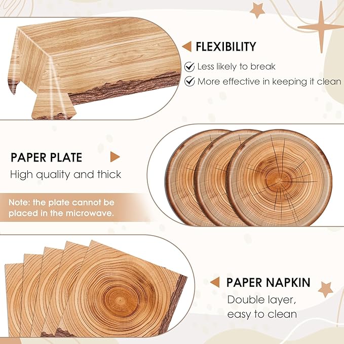41 Pcs Camping Birthday Party Decorations Rustic Wood Grain Slice Tableware Brown Camo Wood Paper Plates Napkins Tablecloth丨Forest Themed Bonfire Hunting Birthday Lumberjack Party Decor,Serves 20