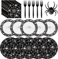 96 Pcs Halloween Plates and Napkins Set - Black Spider Webs Dinner Dessert Paper Plates Cocktail Napkins Forks Disposable Tableware for Spiderweb Halloween Party Decorations Supplies Favors, Serve 24