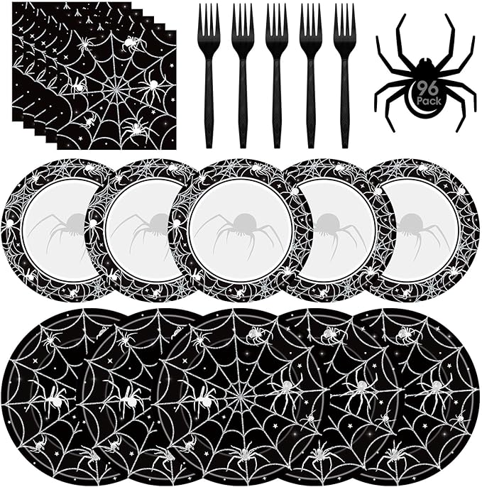 96 Pcs Halloween Plates and Napkins Set - Black Spider Webs Dinner Dessert Paper Plates Cocktail Napkins Forks Disposable Tableware for Spiderweb Halloween Party Decorations Supplies Favors, Serve 24