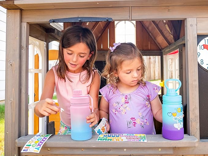 CHILLOUT LIFE 12 oz Kids Insulated Water Bottle for School with Leakproof Spout Lid and Cute Waterproof Stickers, Personalized Stainless Steel Thermos Flask Metal Water Bottle for Girls & Boys