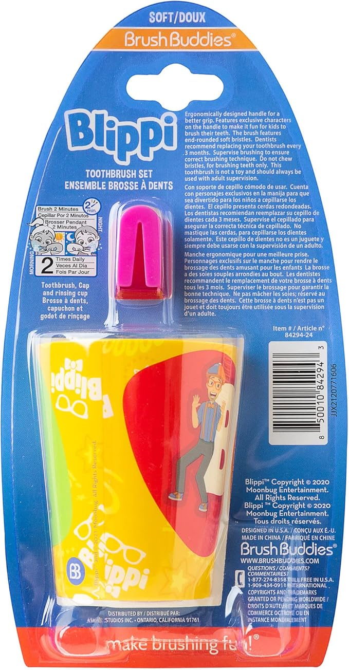 Brush Buddies Blippi Kids Toothbrushes Kit Manual Toothbrushes for Kids Toddlers 2+ Years Travel Toothbrush Kit with Cover Cup 3PC Soft Bristles Rounded Head Easy Grip Anti Slip Handle Oral Care Set