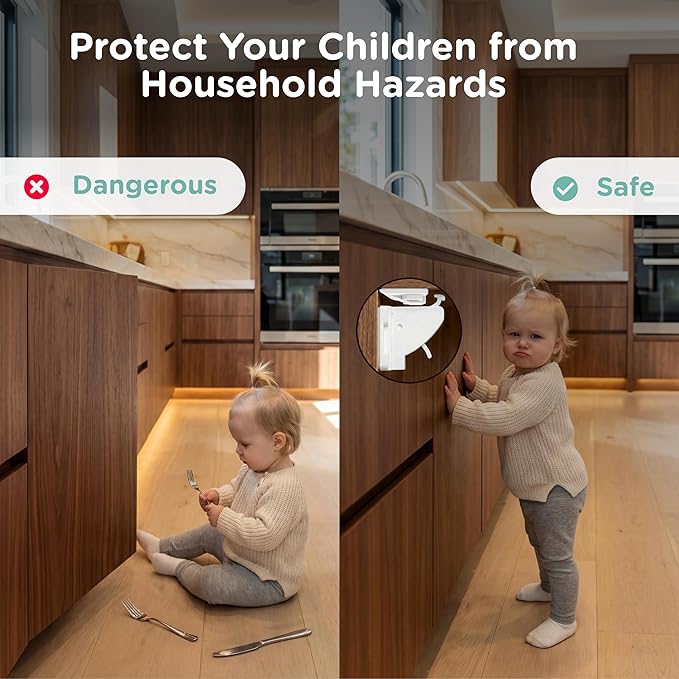 10 Pack Cabinet Locks Baby Proofing - SKYLA HOMES Children Proof Magnetic Cabinet Locks for Cupboard, Drawers, Adhesive Baby Proof Latches (10 Locks and 2 Keys)