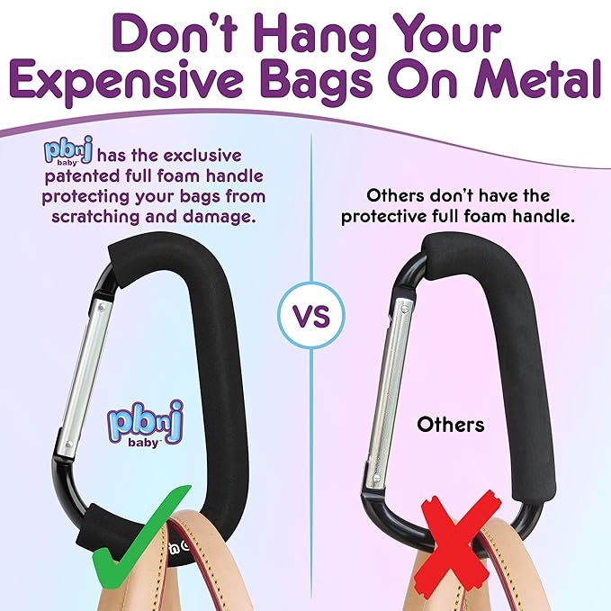 PBnJ baby Stroller Hooks for Hanging Diaper Bags - Mommy Stroller Clip and Stroller Accessories Organizer Hook - Large Carabiner Clips for Mom Purse Shopping Grocery Bag and Accessory - (1 Pack)