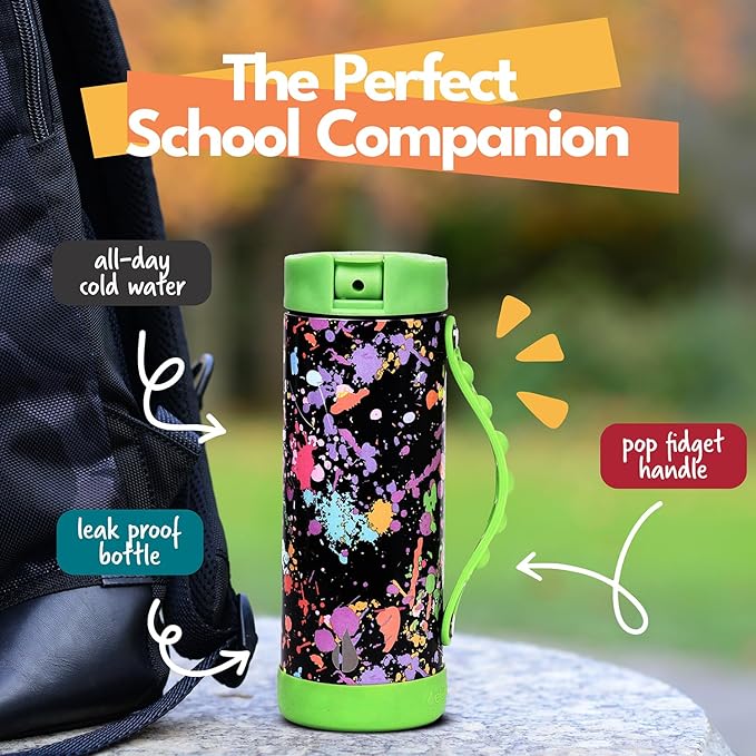 Elemental Iconic Kids Water Bottle with Straw Lid & Stress Relief Pop It Handle, Leak-Proof When Closed, Triple Insulated Kids Stainless Steel Water Bottle For Girls and Boys, 14oz -Green Splatter