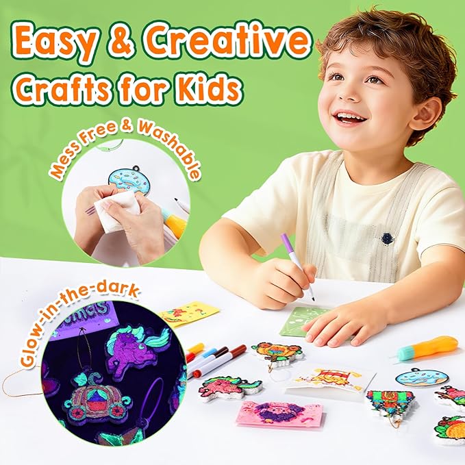 JMMICO 81 PCS 3D Art Paint & Puff Set, Mess-Free Crafts for Kids Ages 4-8-12, Glow-in-the-drak Aqua Puffs, Gifts for Girls Boys, Creative & No Mess Painting Crafts for Kids 4 5 6 7 8 9 10 Year Old
