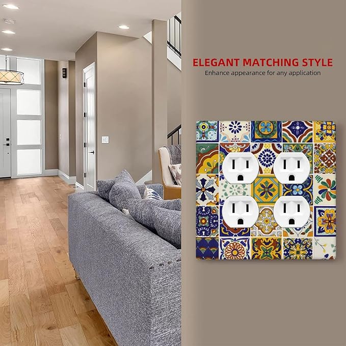 Yellow Mexican Moroccan Sun Tile 2 Gang Double Duplex Combo Outlet Light Switch Cover Two Gang Dual Device Receptacle Outlet Covers Wall Plate Standard Size