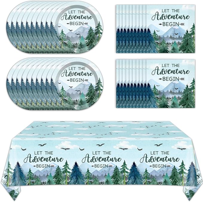 ZOIIWA Adventure Awaits Tableware Set Let The Adventure Begin Plates Napkins Tree Mountain Wilderness Tablecloths Winter Party Dinnerware for Kids Baby Shower Birthday Party Decor Supplies