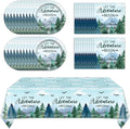 ZOIIWA Adventure Awaits Tableware Set Let The Adventure Begin Plates Napkins Tree Mountain Wilderness Tablecloths Winter Party Dinnerware for Kids Baby Shower Birthday Party Decor Supplies