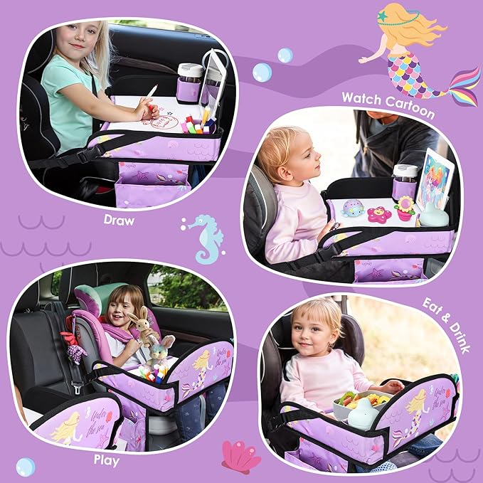 Kids Travel Tray for Car Airplane - Toddler Car Seat Table Tray, Road Trip Essentials for Boys & Girls, Carseat Lap Desk for Kids Road Trip Activities (Purple Mermaid)