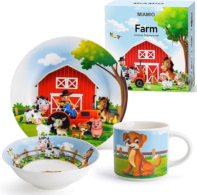 MIAMIO – Set of 3 Kids Dinnerware Set/Porcelain Children Dishes, Kids Dish Set, Children’s Tableware Set - Includes Plate, Bowl and Cup – For Kids and Toddler (Farm)