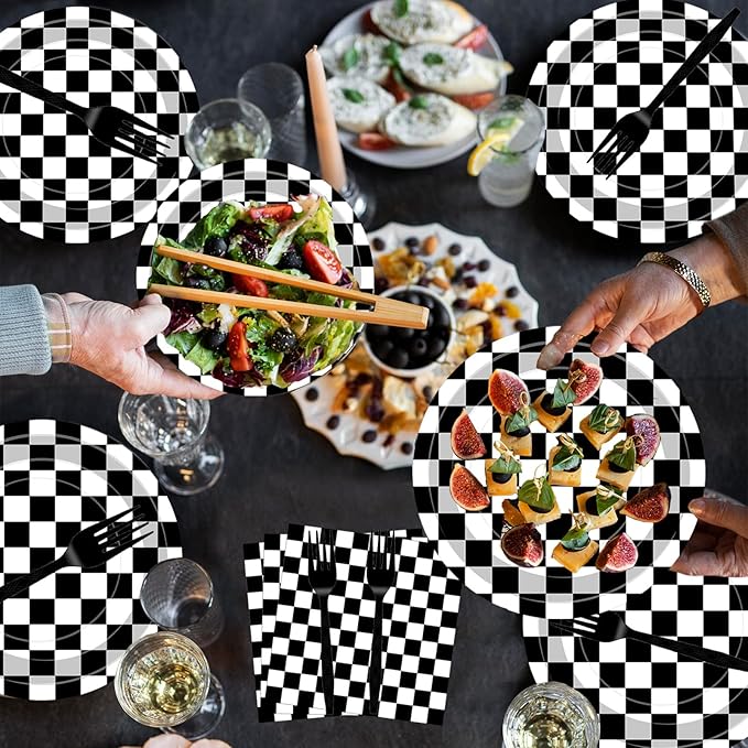 100 Pcs Racing Checkered Party Supplies Set, Serves 25 – Disposable Black and White Checkerboard Paper Plates, Napkins, and Forks, Race Car Themed Tableware for Birthday, and Racing Table Decorations