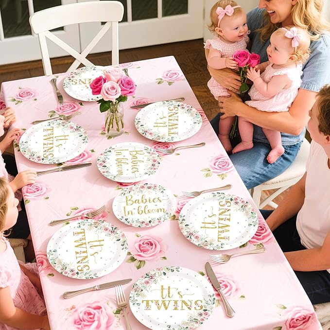 96Pcs Twins Baby Shower Party Decorations Wildflower Baby in Bloom Paper Plates and Napkins Pink Gold Floral It's Twins Disposable Tableware Set for Boys Girls Birthday Party Supplies, Serves 24