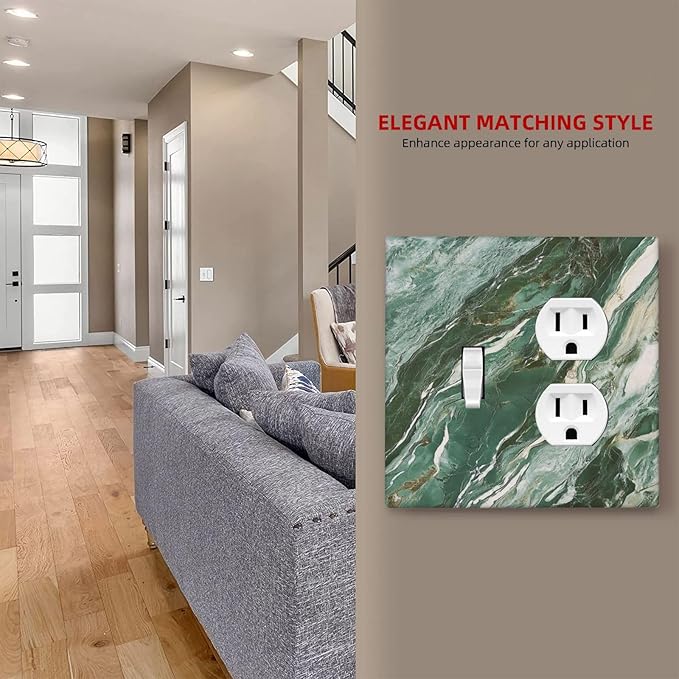 Decorative Switch Cover Plate with Modern Luxury Green Marble Texture Design Toggle Duplex Wall Plate 2 Gang Light Switch Cover Outlet Covers for Kitchen Bathroom Decor