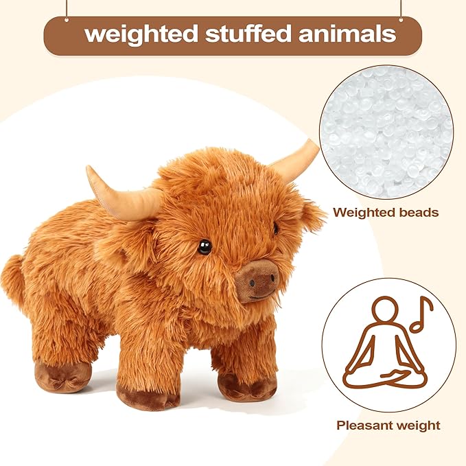 Wepop Highland Cow Weighted Stuffed Animals 16in 5 lbs, Weighted Stuffed Animal Highland Cow Plush, Adorable Cattle Stuffed Animal Décor Gifts for Kids and Adults