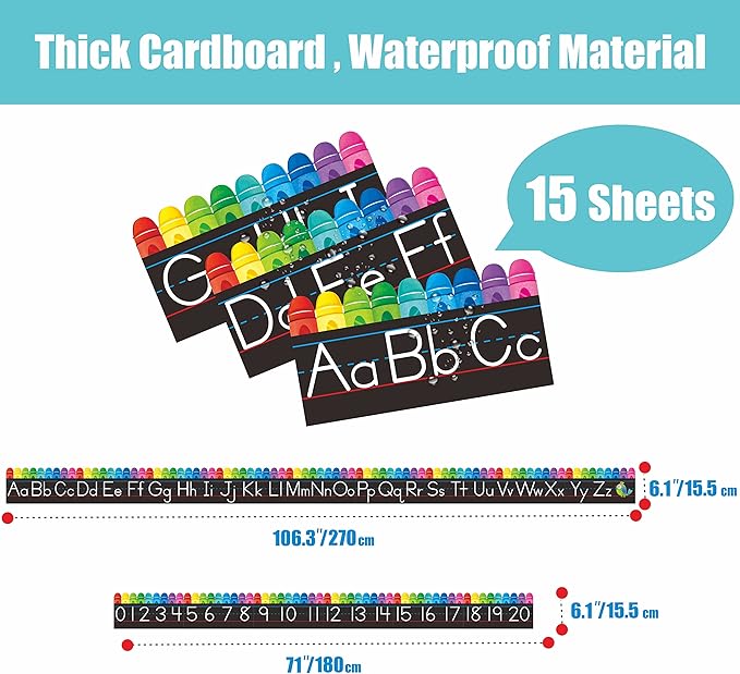 Alphabet Bulletin Board Set, 15 PCS Crayon Die-Cut ABC Wall Decorations 26 Upper & Lower Case Letters Plus 0-20 Numbers for Preschool, Kindergarten Classroom Playroom Bedroom Decorations