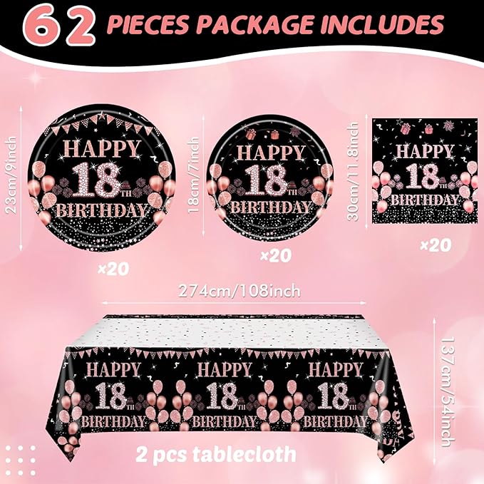 62Pcs 18th Birthday Decorations for Girls Her, Rose Gold Birthday Party Supplies Include 20 7''Plates 20 9'' Plates 20 Napkins and 2 Tablecloth, Rose Gold Princess Party Tableware for 20 Guests