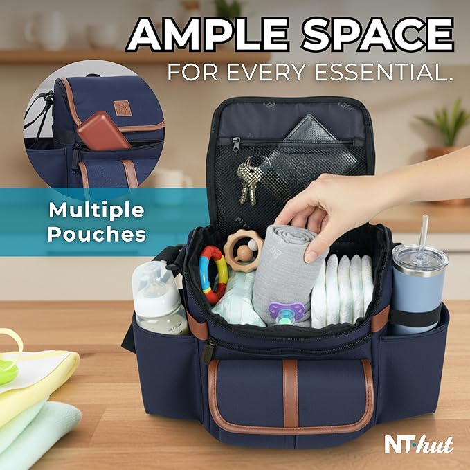 Baby Stroller Organizer Caddy with 2 Cup Holders — NT·hut CarryZee Universal Stroller Bag, Bottle Straps, Magnetic & Zippered Pockets, Fits 11" Tablet, Water Resistant 600D Oxford (Blue)