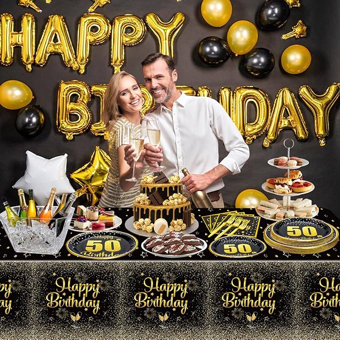 50th Birthday Decorations for Women and Men - 81 Pcs Plates Napkins 50th Tablecloth Forks Set Black and Gold Party Decorations Serve 20