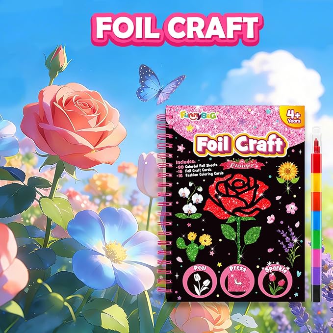 FUNNYB&G Foil Art Crafts for Kids Ages 4-8: Mother's Day 2026, Birthday Gift for Girls, Art and Crafts Supplies, Party Favors, Creative Toys for Girls 4 5 6 7 8 9 Years Old(Flower)