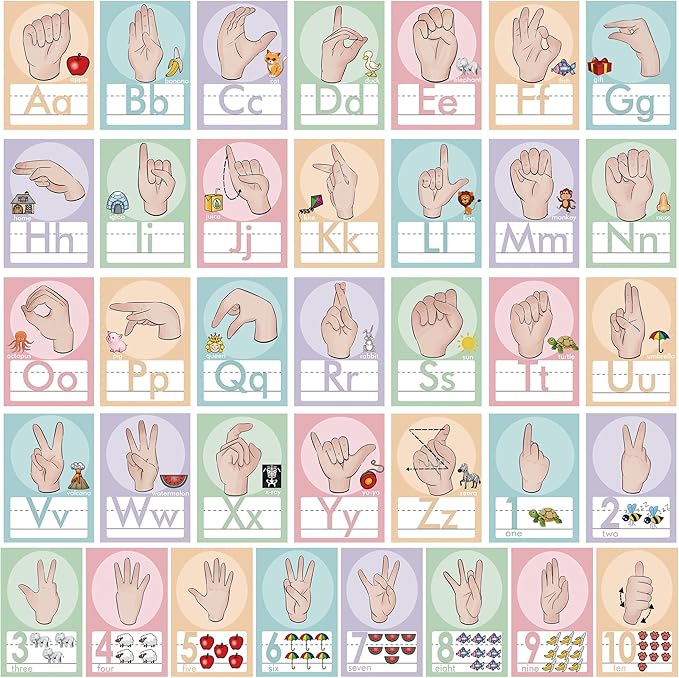 YIYDONG 36 Pieces ASL Alphabet Line Bulletin Board Set ABC Number Sign Language Flash Cards Wall Decorations for Pre-School Kindergarten Elementary Classroom Nursery Homeschool (Soft Tones)