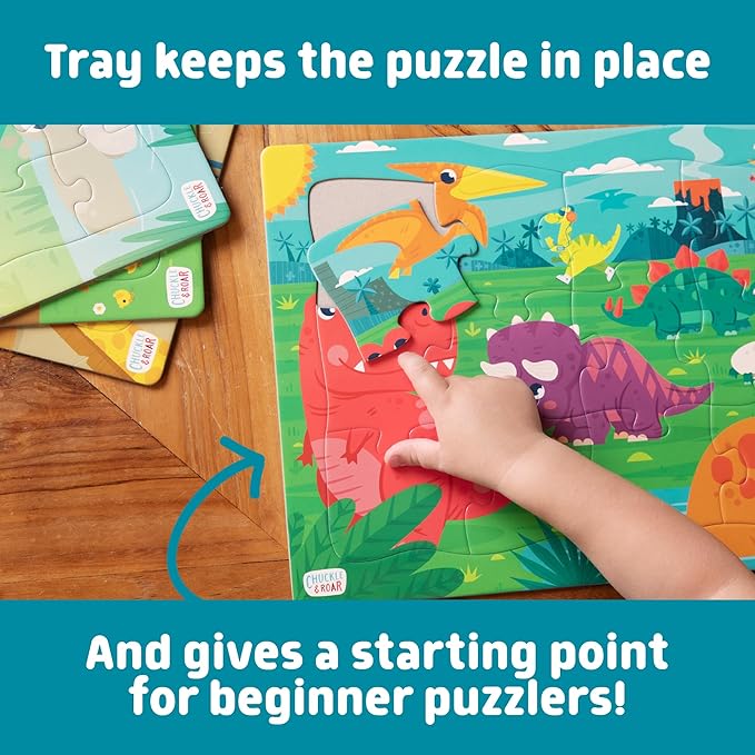 Chuckle & Roar - Multi Pack Jigsaw Puzzles for Kids Farm Dinosaur Jungle Zoo Tray Set 12 and 24 Piece Colorful Gift
