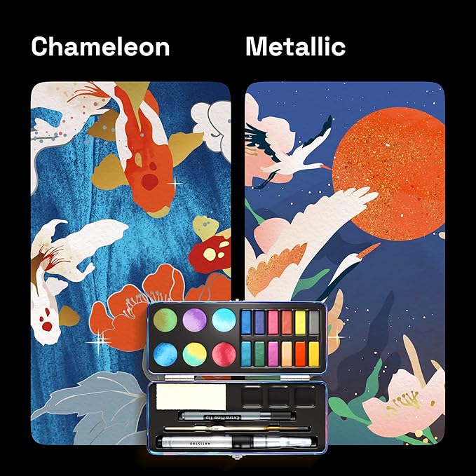 ARTISTRO 18 Metallic Color Watercolor Paint Set - Portable Paint Art Kit with Palette and Brush Pens - Travel Water Color Set for Adults, Professionals, Kids - Art and Painting Supplies - Gift Idea