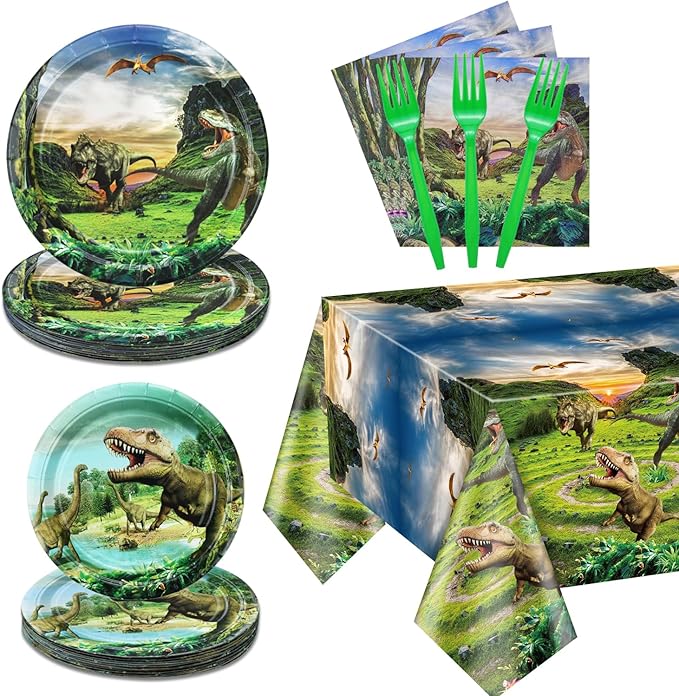 Dinosaur Birthday Decorations - 81Pcs Dinosaur Paper Tableware Set Including Plate, Napkins, Dino Tablecloth for Kids Boys Birthday Supplies, Serve 20
